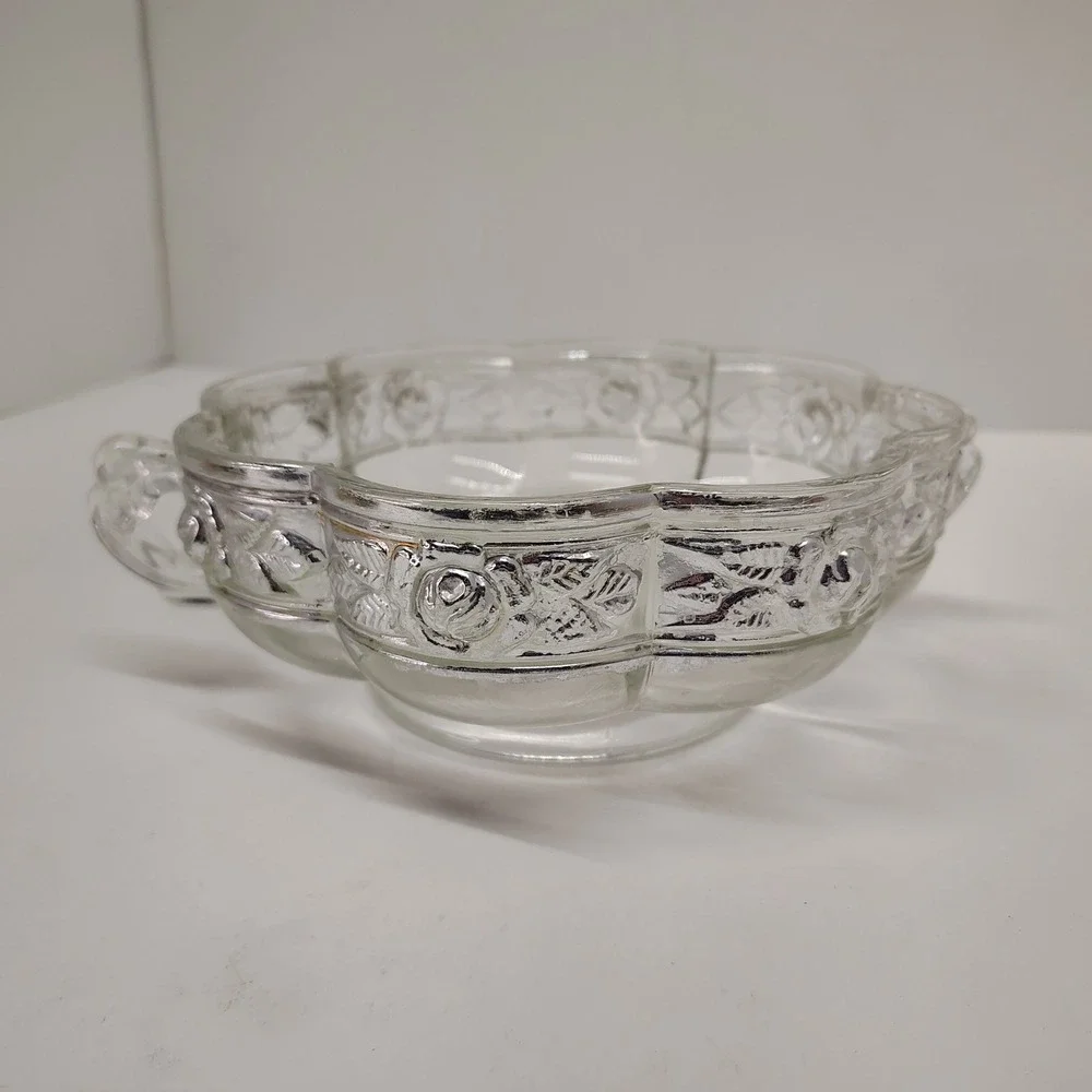 Jeannette Aztec Rose Glass Dish‎ 6in Two Handle Clear Relish Bowl Vintage